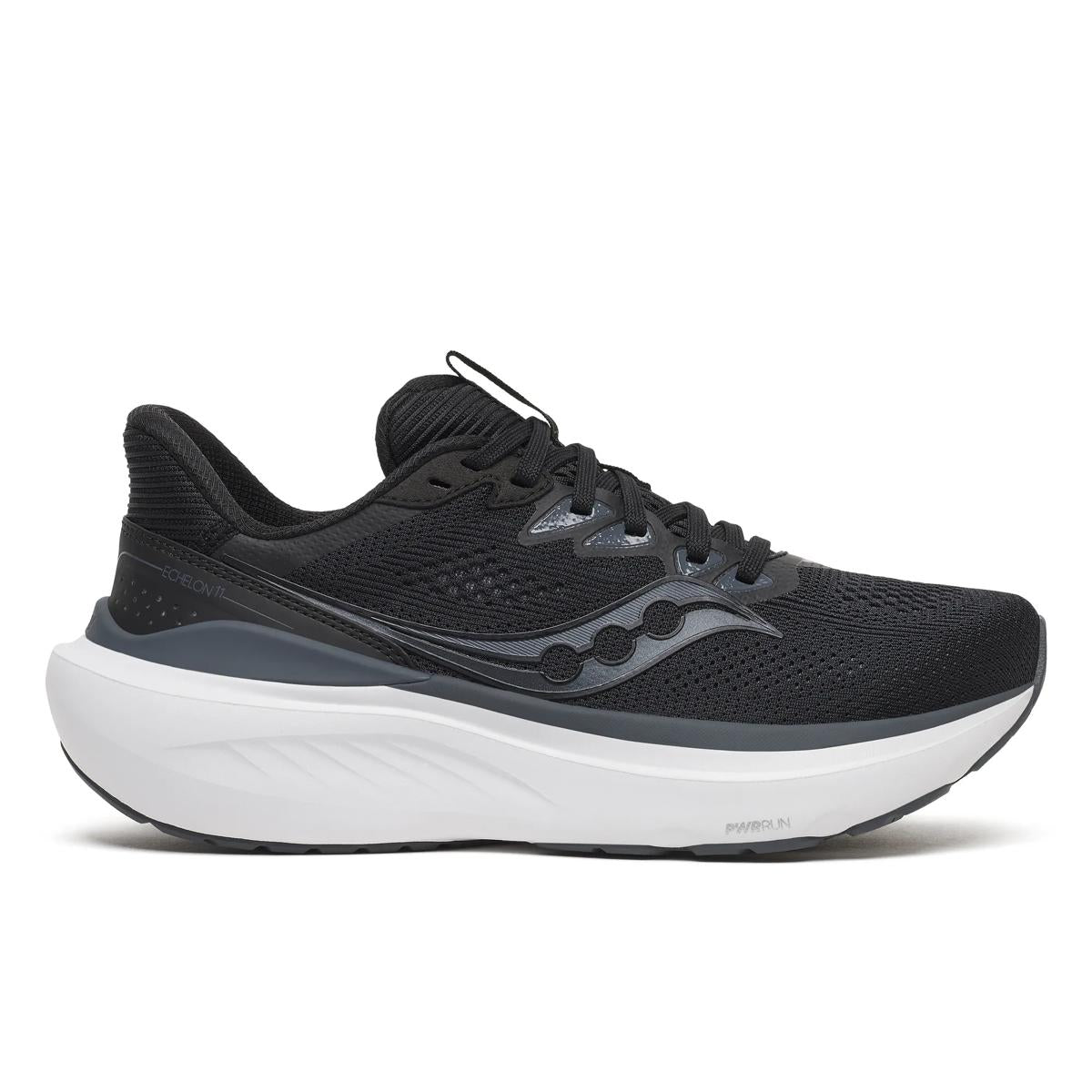 Black running shoe with white sole on a white background