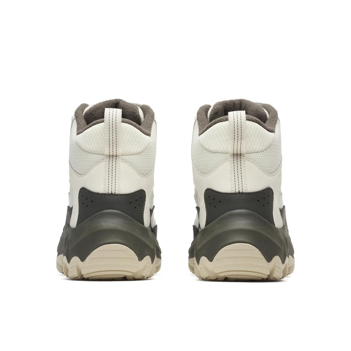 A pair of high-top sneakers shown from the back, featuring off-white mesh and synthetic panels, dark gray heel accents, and a beige and dark gray wavy sole.