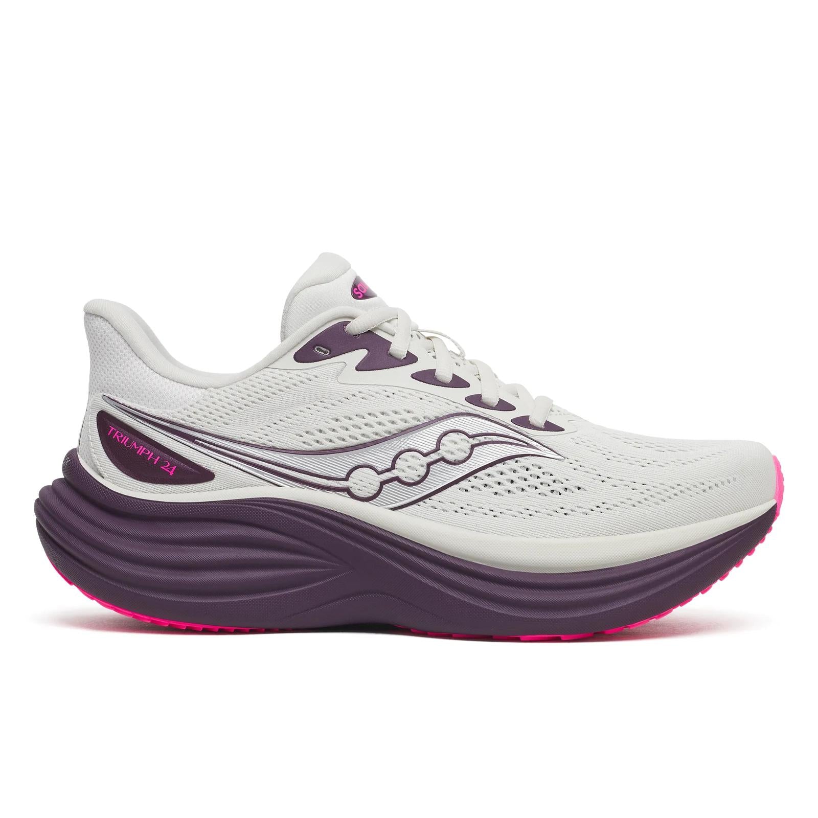 White and purple running shoe on a white background