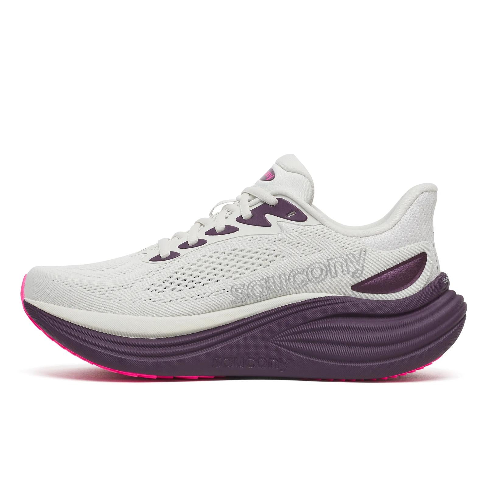 White and purple running shoe with 'Saucony' branding on a white background