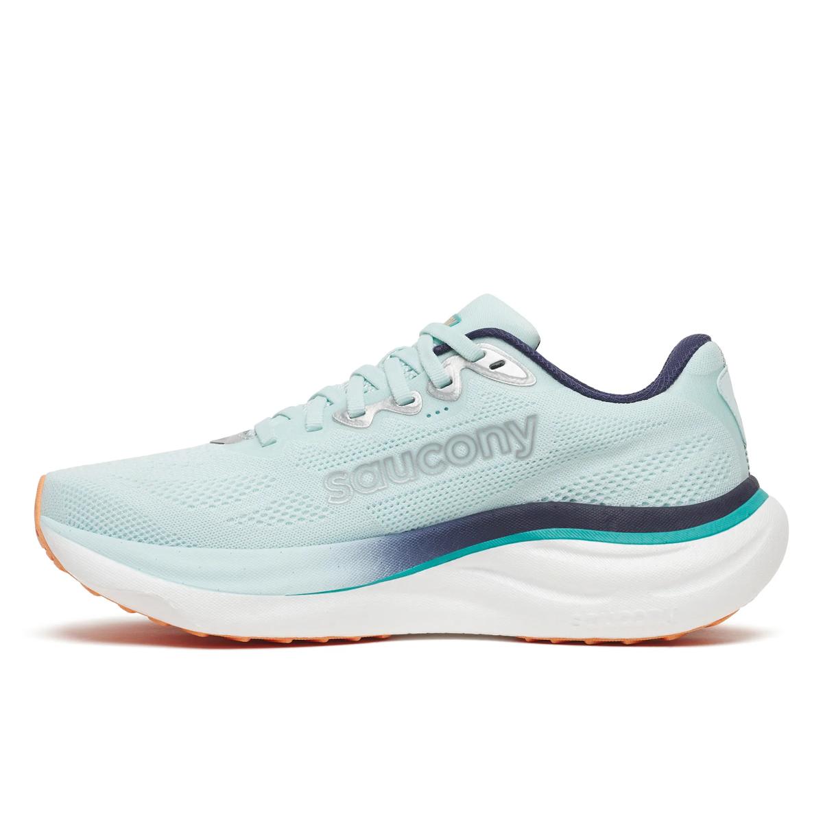 Light blue running shoe with white sole on a white background