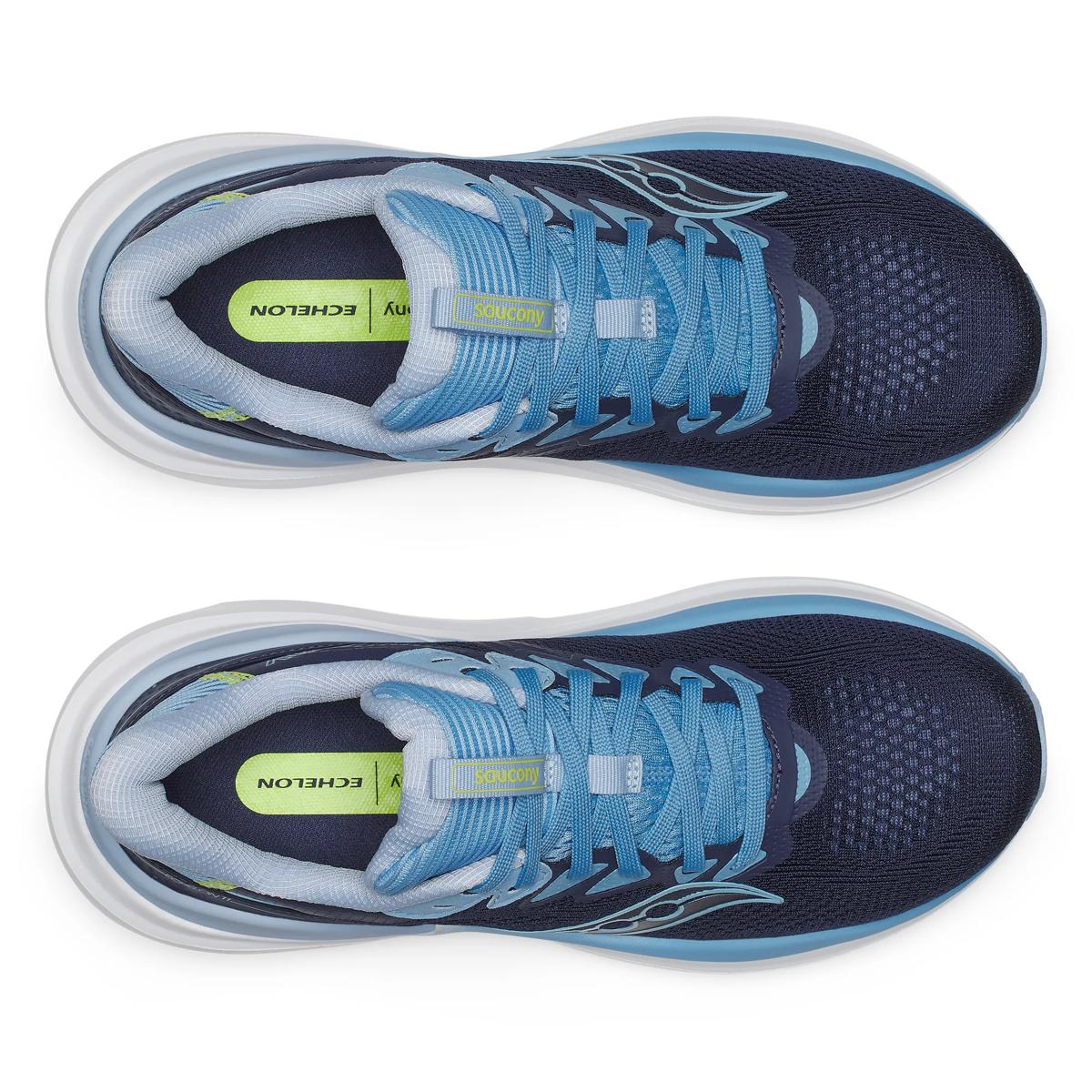 A pair of athletic running shoes shown from a top-down view on a white background. The shoes feature a dark navy blue mesh upper, light blue laces and lining, a white midsole, and a bright lime green inner sole label with the brand name 'ECHELON'.