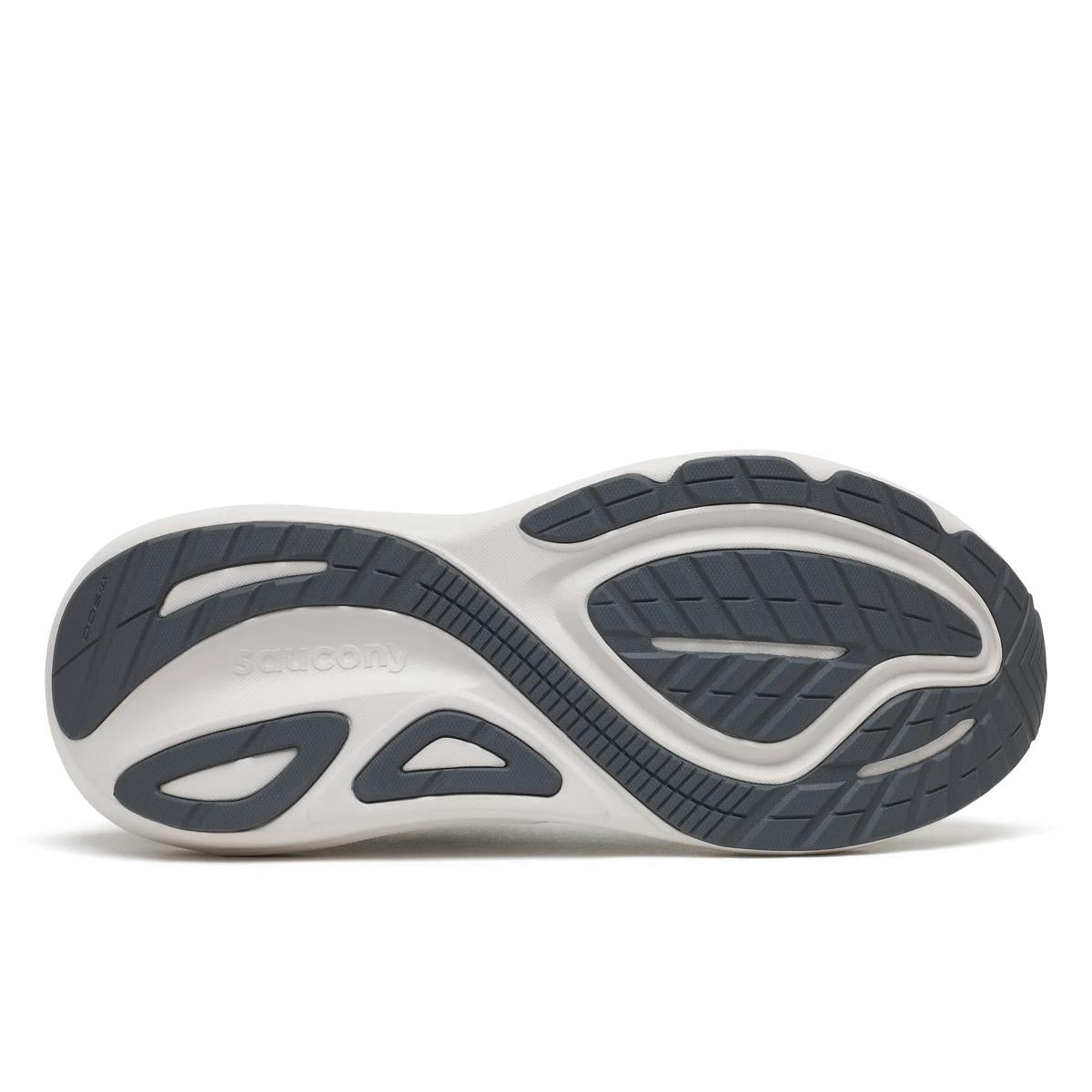 The outsole of a Saucony athletic shoe, showing a white midsole with dark gray tread patterns and the Saucony brand name embossed on the side.