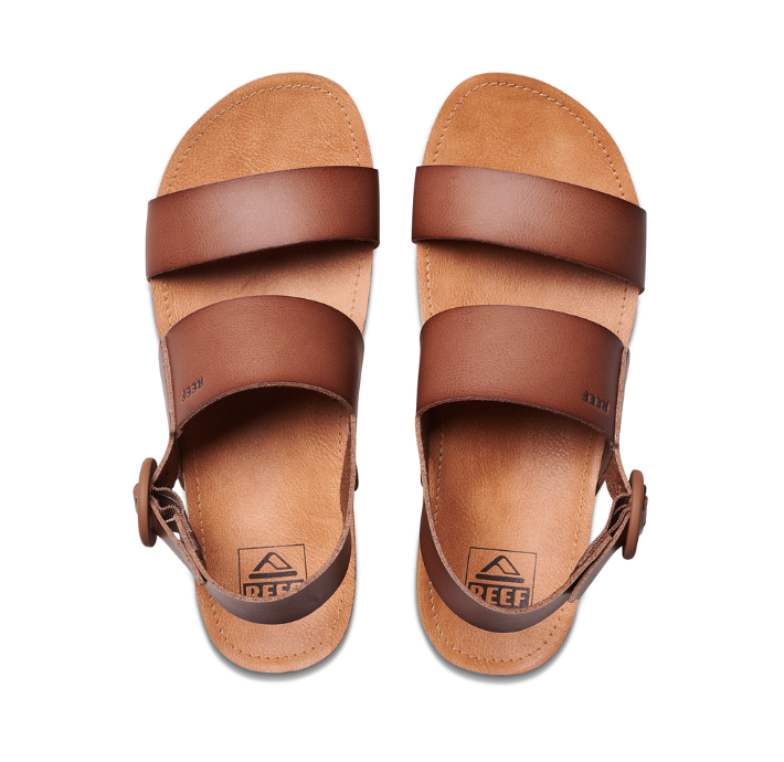 Pair of brown sandals with a visible brand logo on a white background