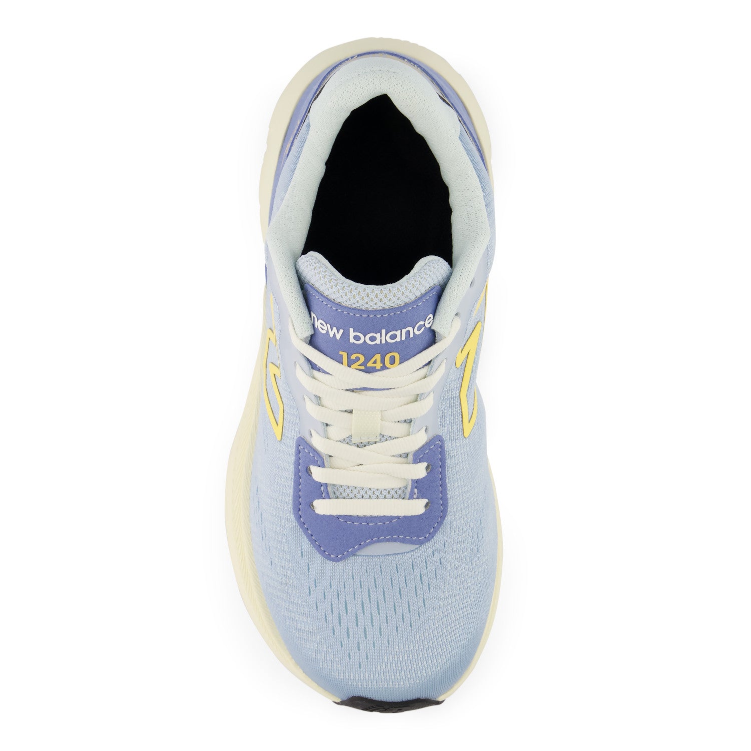 A single New Balance running shoe shown from a top-down view, featuring a light blue and lavender upper with white laces and a black interior lining.