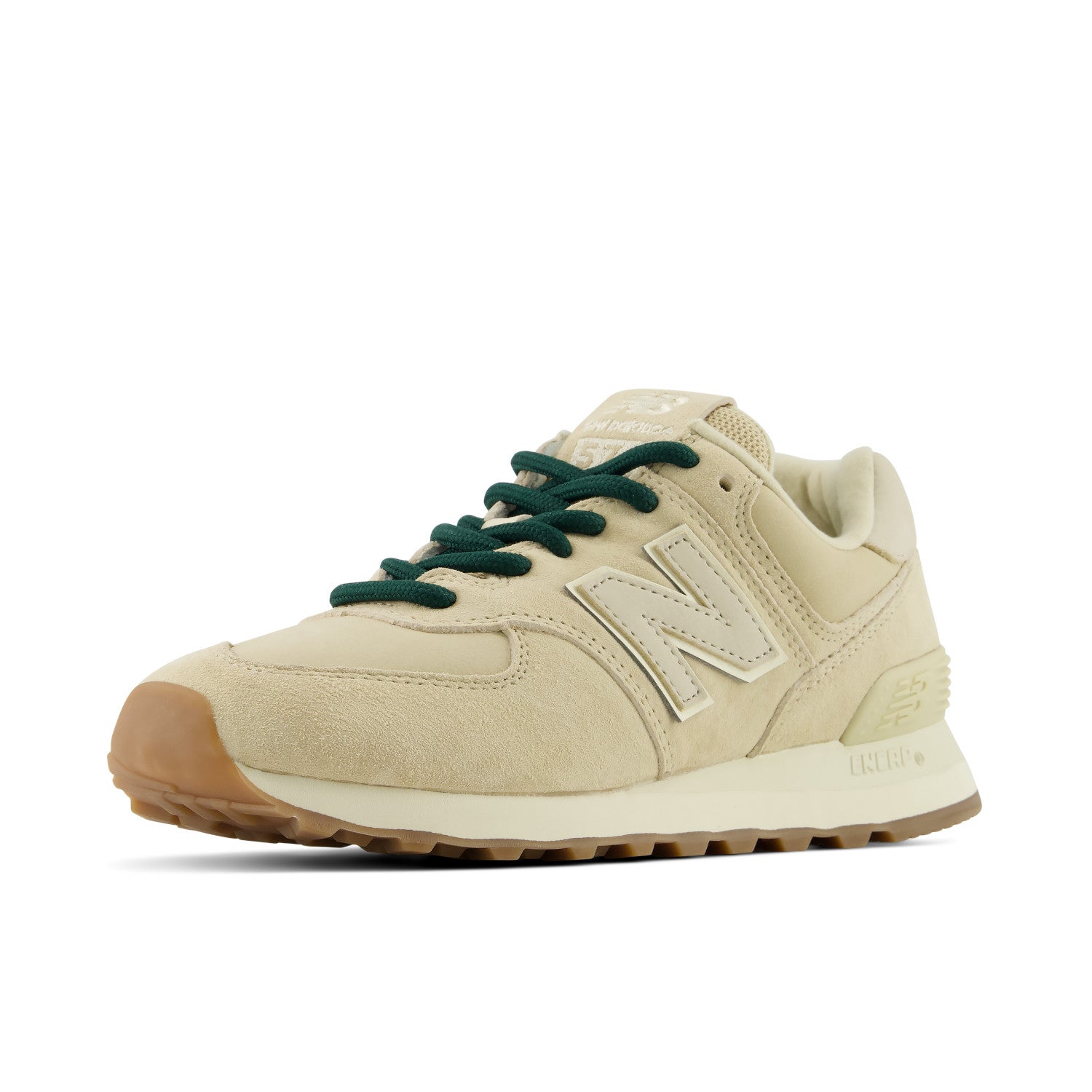 Beige sneaker with green laces on a white background