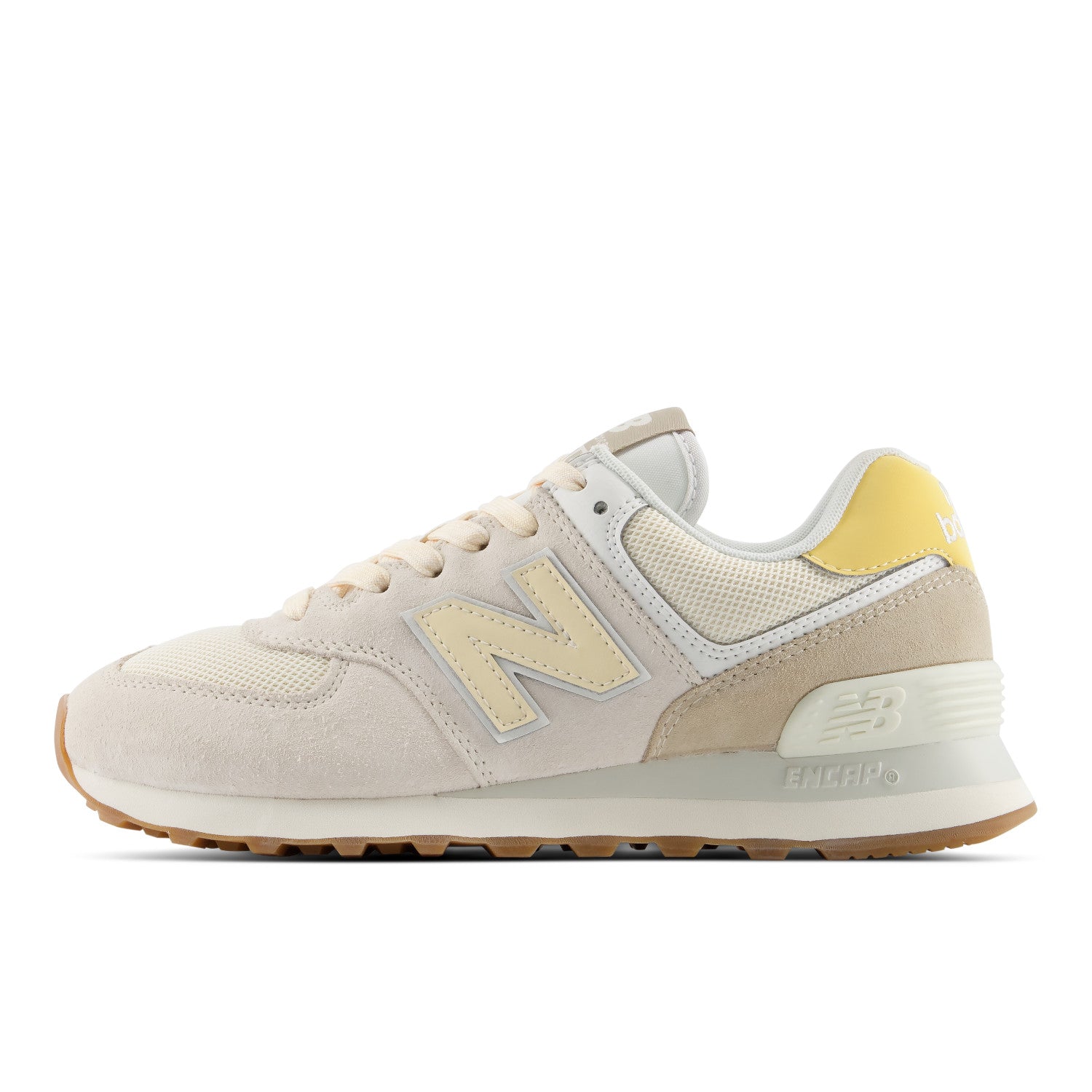 Beige sneaker with yellow accents on a white background