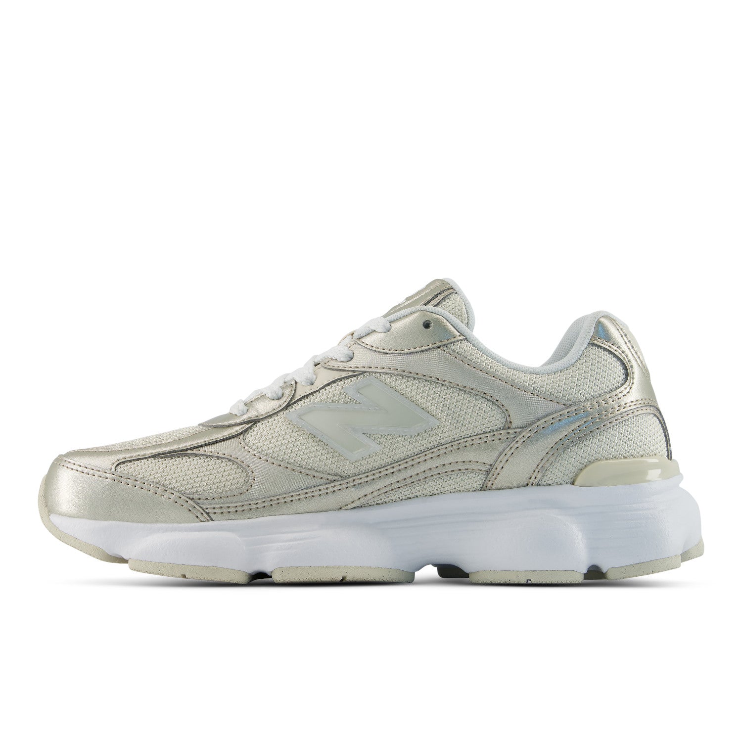 Silver sneaker with white sole on a white background