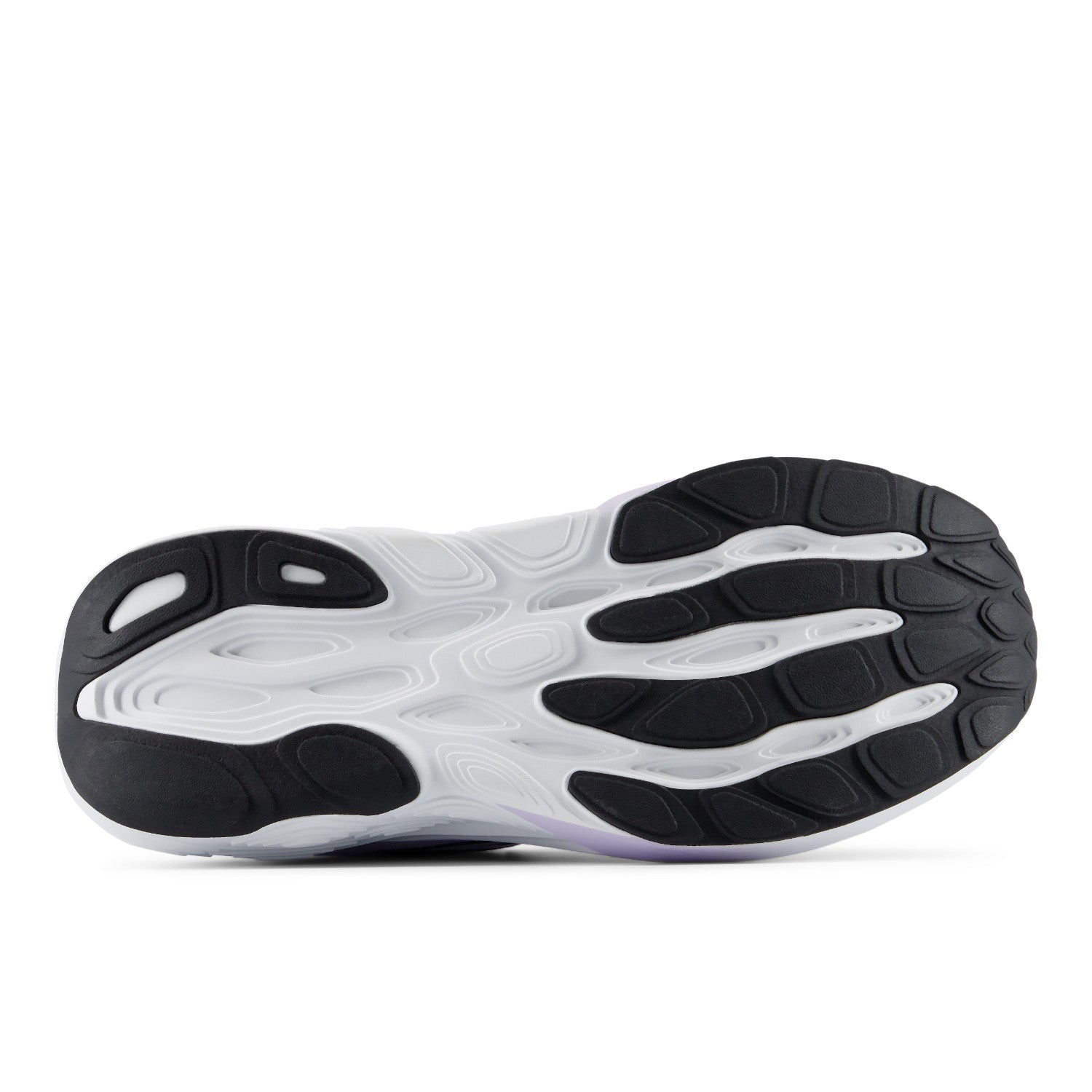 Close-up of a white athletic shoe sole with black accents on a white background