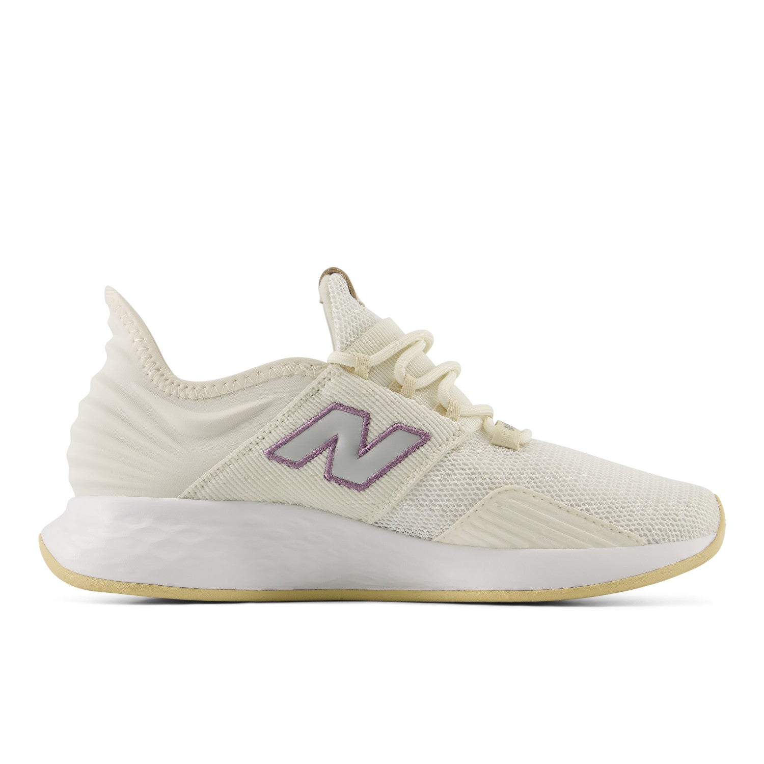 White sneaker with a purple 'N' logo on a white background