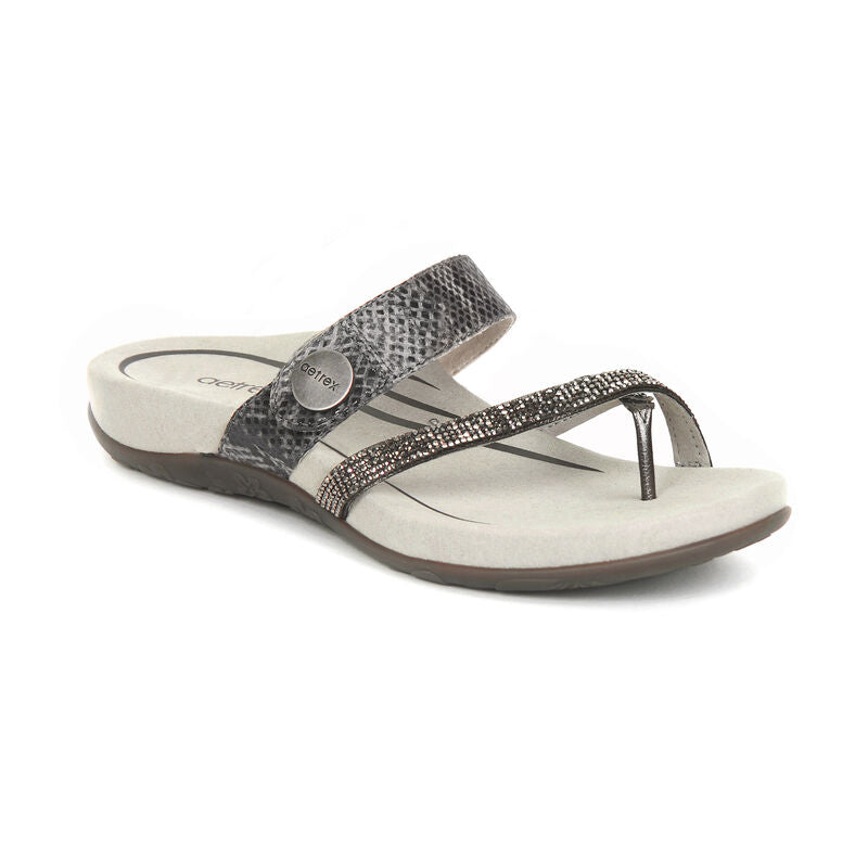 Women's Aetrex Izzy Adjustable Slide Sandal Color: Pewter Sparkle