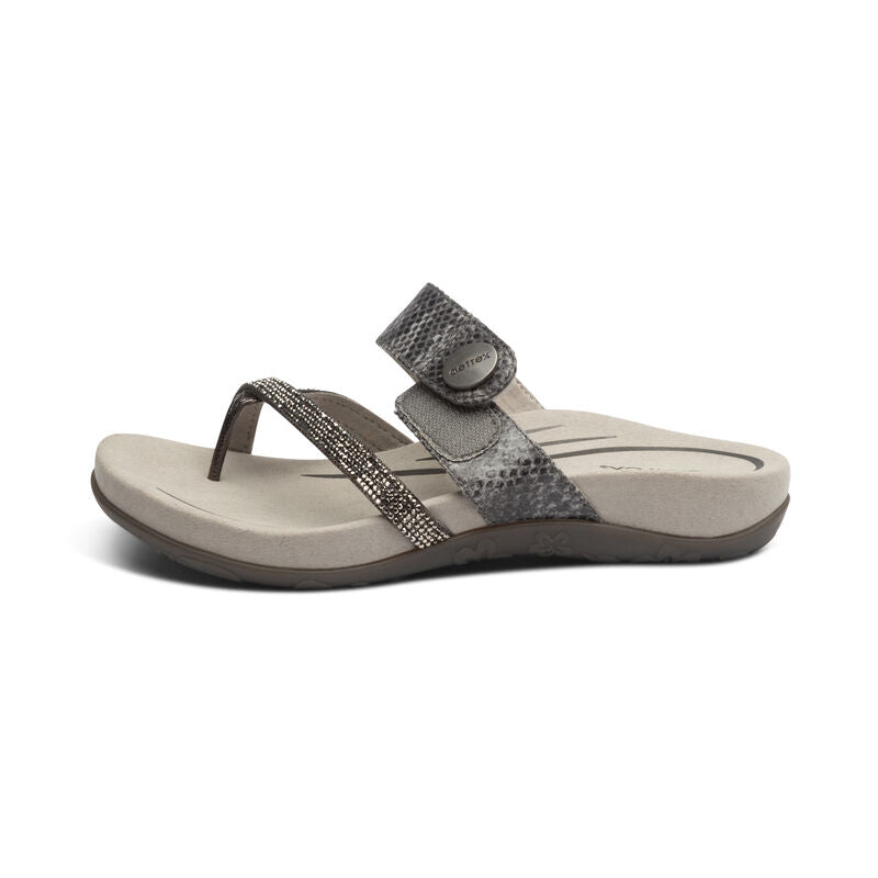 Women's Aetrex Izzy Adjustable Slide Sandal Color: Pewter Sparkle