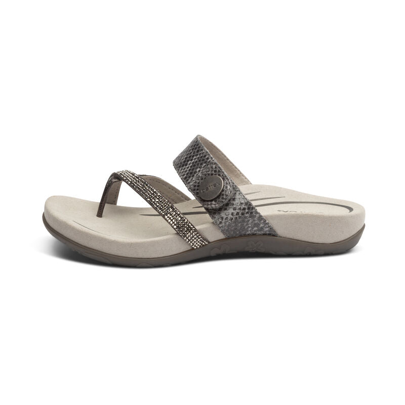 Women's Aetrex Izzy Adjustable Slide Sandal Color: Pewter Sparkle