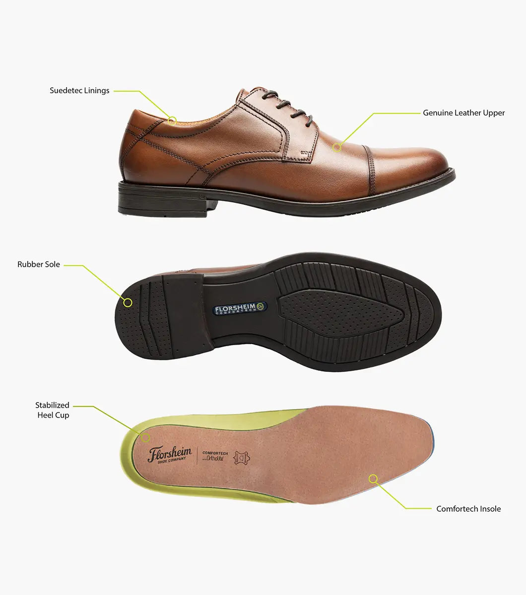 Brown dress shoe with labeled parts on a white background