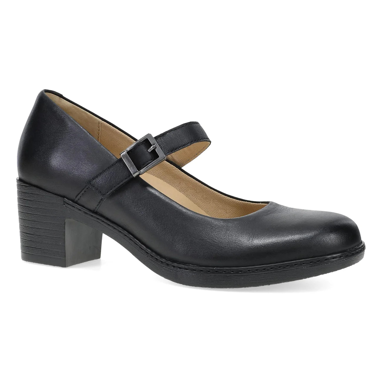 A black leather Mary Jane pump with a block heel and a silver-tone buckle, shown from a side profile on a white background.