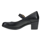 A black leather Mary Jane pump with a block heel, shown in a side profile view against a plain white background.