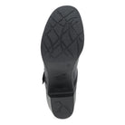 A top-down view of a black boot sole, showing the tread pattern and embossed branding on a plain white background.