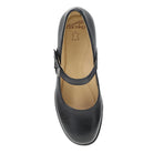 A single black leather Mary Jane shoe shown from a top-down view on a white background, featuring a strap across the instep and a visible Dareko brand mark on the tan insole.