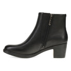 Black leather ankle boot with a zipper on a white background