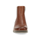 A single brown leather ankle boot shown from the front on a clean white background.