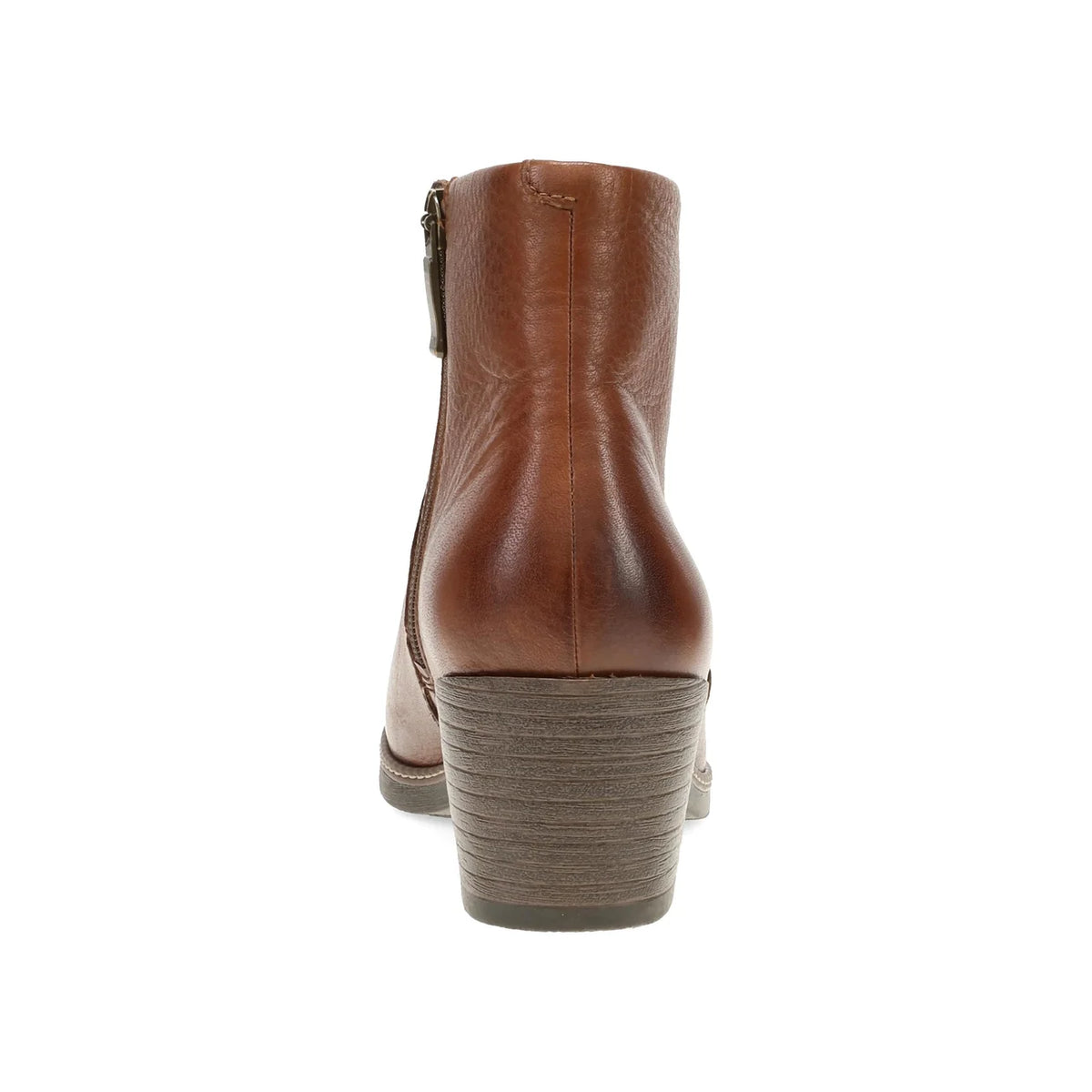 A brown leather ankle boot shown from the back, featuring a stacked block heel and a side zipper, set against a plain white background.