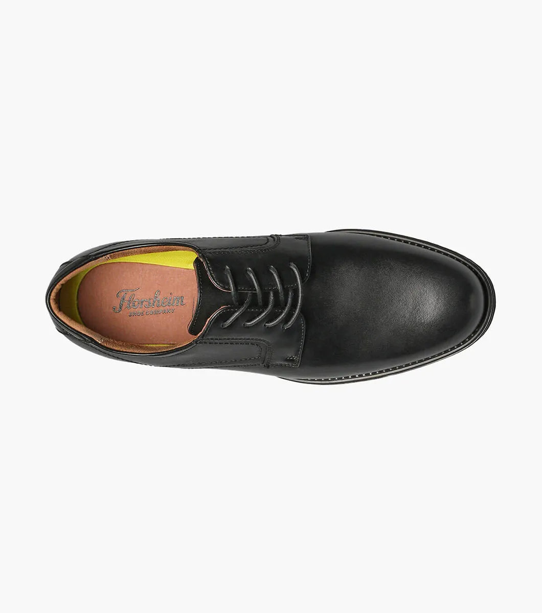 Black leather shoe with a visible brand logo on a white background