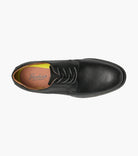 Black leather shoe with a visible brand logo on a white background