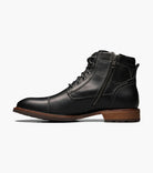 A black leather ankle boot with a side zipper, lace-up front, and a brown stacked sole, shown in a side profile on a light gray background.