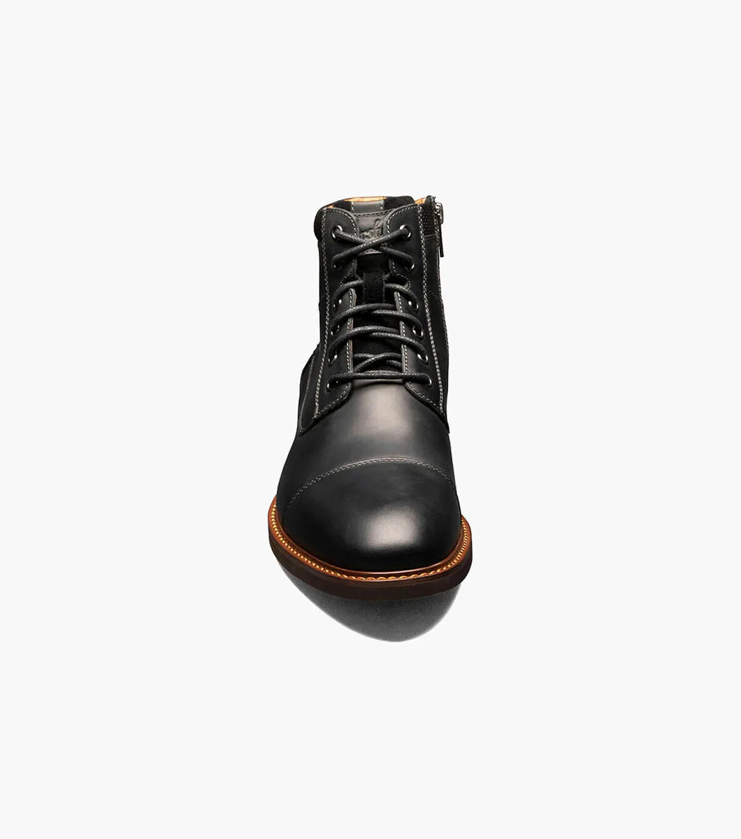 A single black leather lace-up ankle boot with a side zipper, shown from a front-facing perspective on a clean white background.