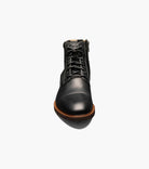 A single black leather lace-up ankle boot with a side zipper, shown from a front-facing perspective on a clean white background.