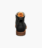 A black leather ankle boot shown from the back, featuring a brown sole and a tan interior lining, set against a plain white background.