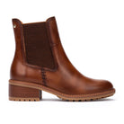 Brown leather ankle boot with a block heel on a white background
