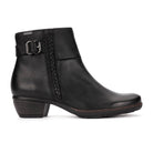 A black leather ankle boot with a low block heel, a decorative side strap with a silver buckle, and a braided side detail, shown against a plain white background.