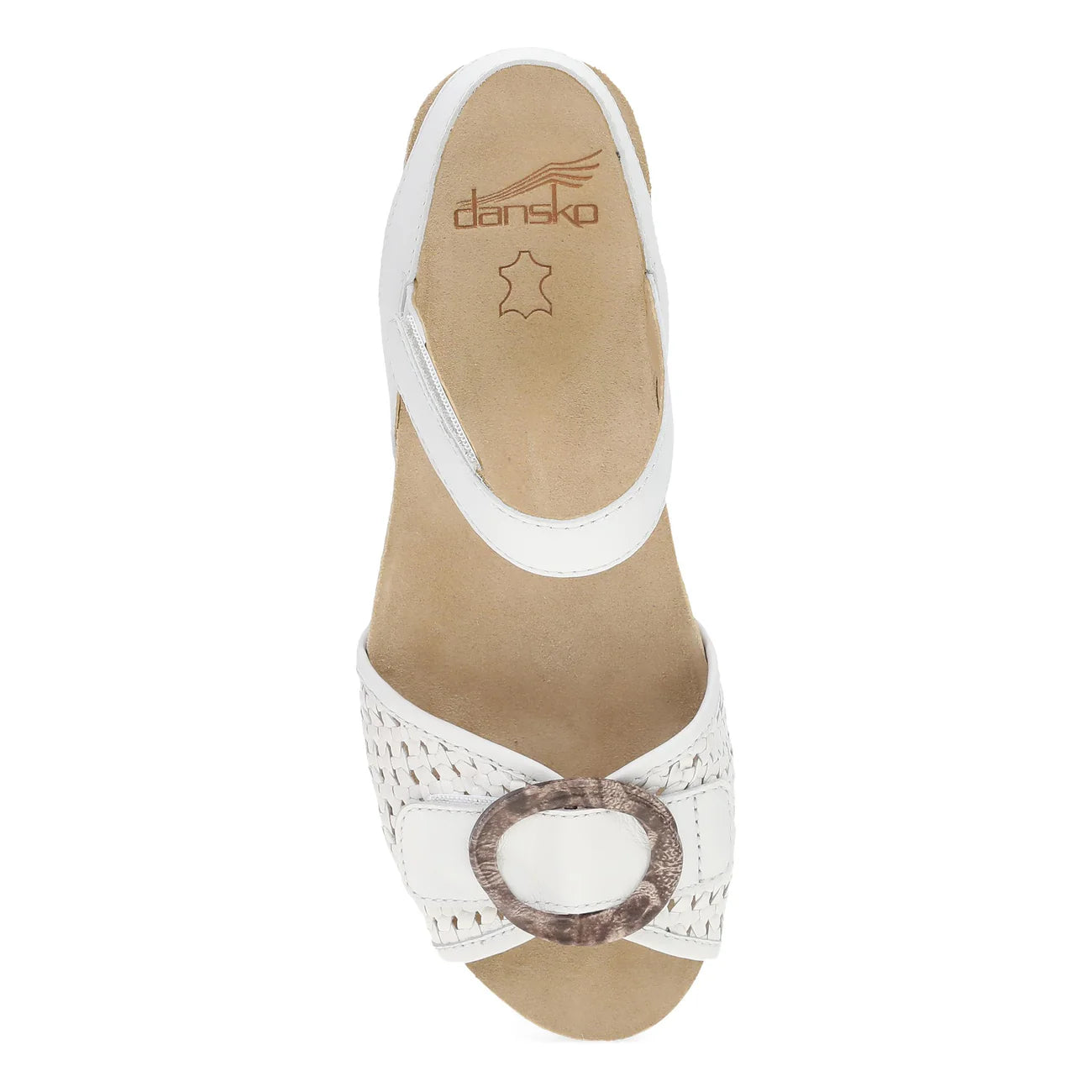 White sandal with brown buckle on a white background