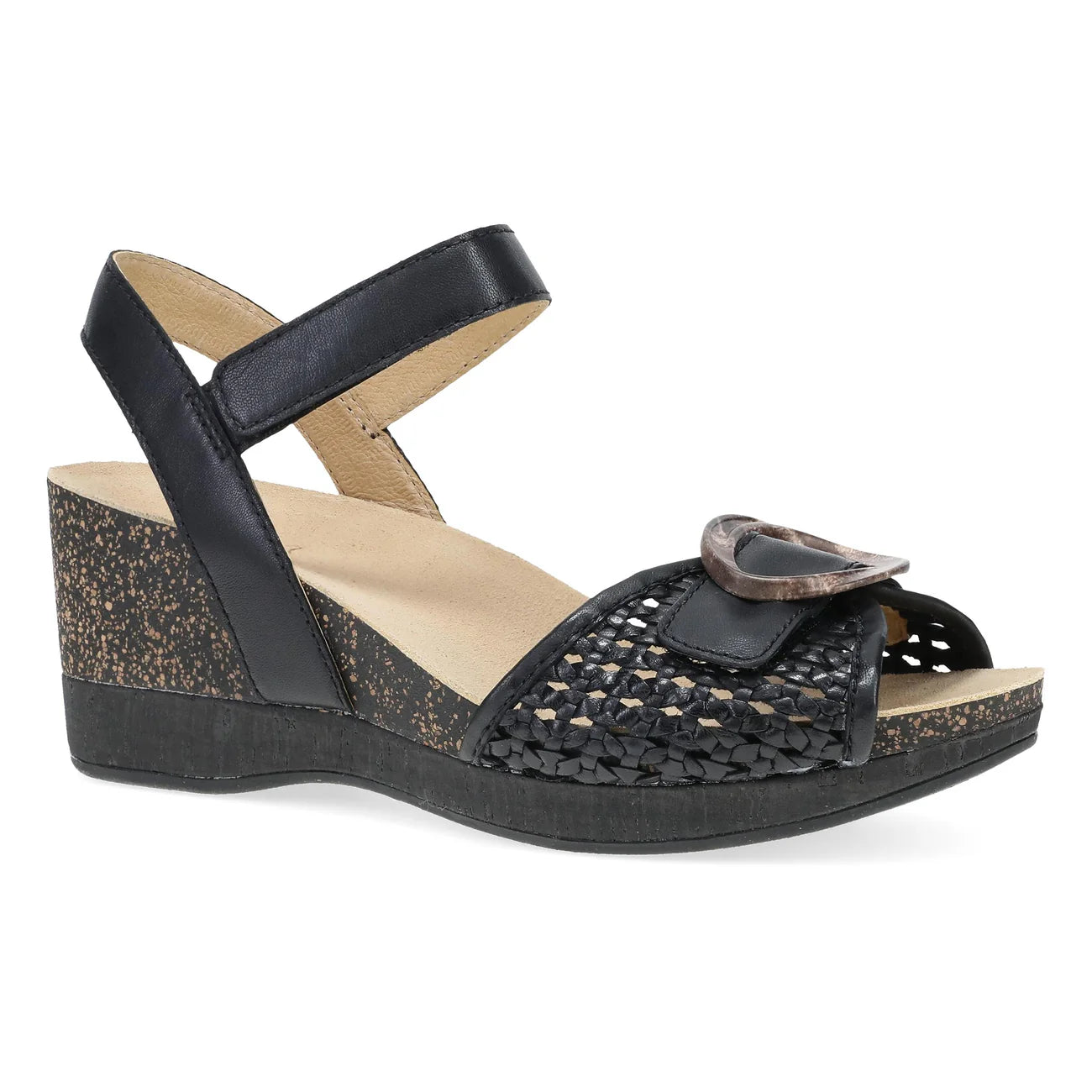 Black wedge sandal with a bow on a white background