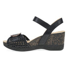 Black wedge sandal with open toe and strap on a white background