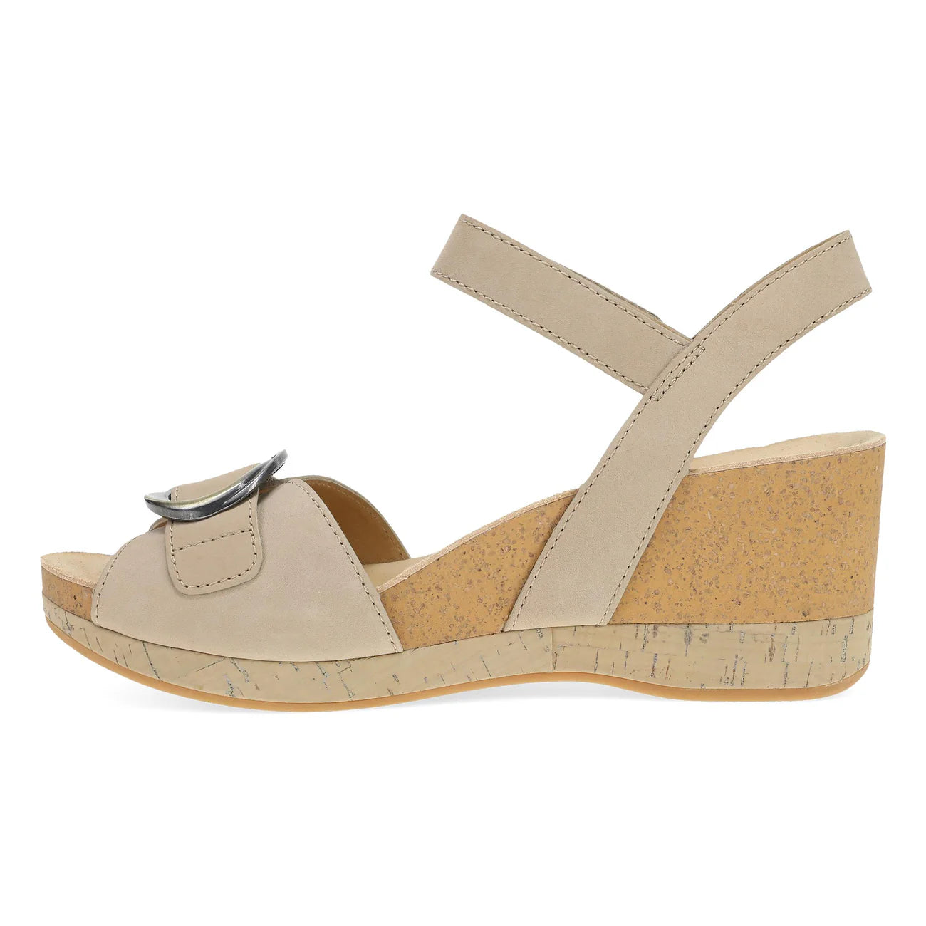 Beige wedge sandal with cork sole on a white background