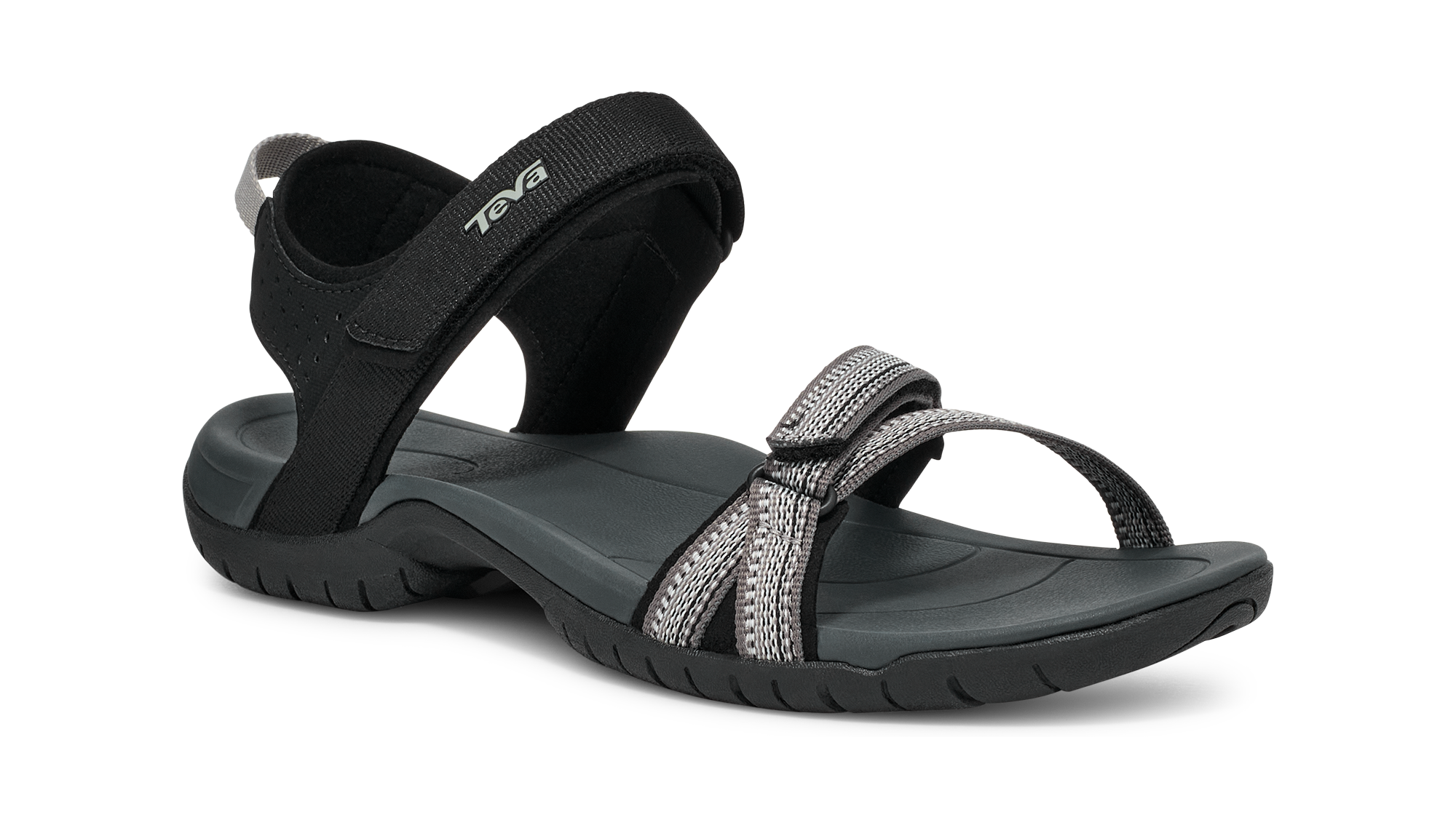Black and gray sandal with 'Teva' branding on a white background