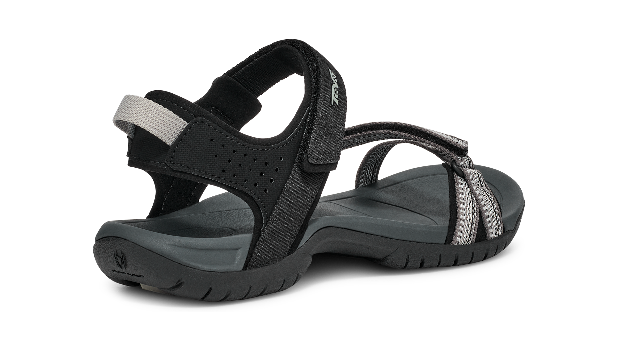 Black sandal with gray accents on a white background