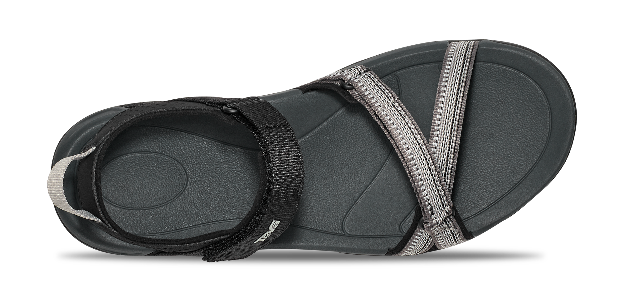 Black sandal with gray straps on a white background