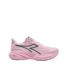 Pink running shoe with green accents on a white background