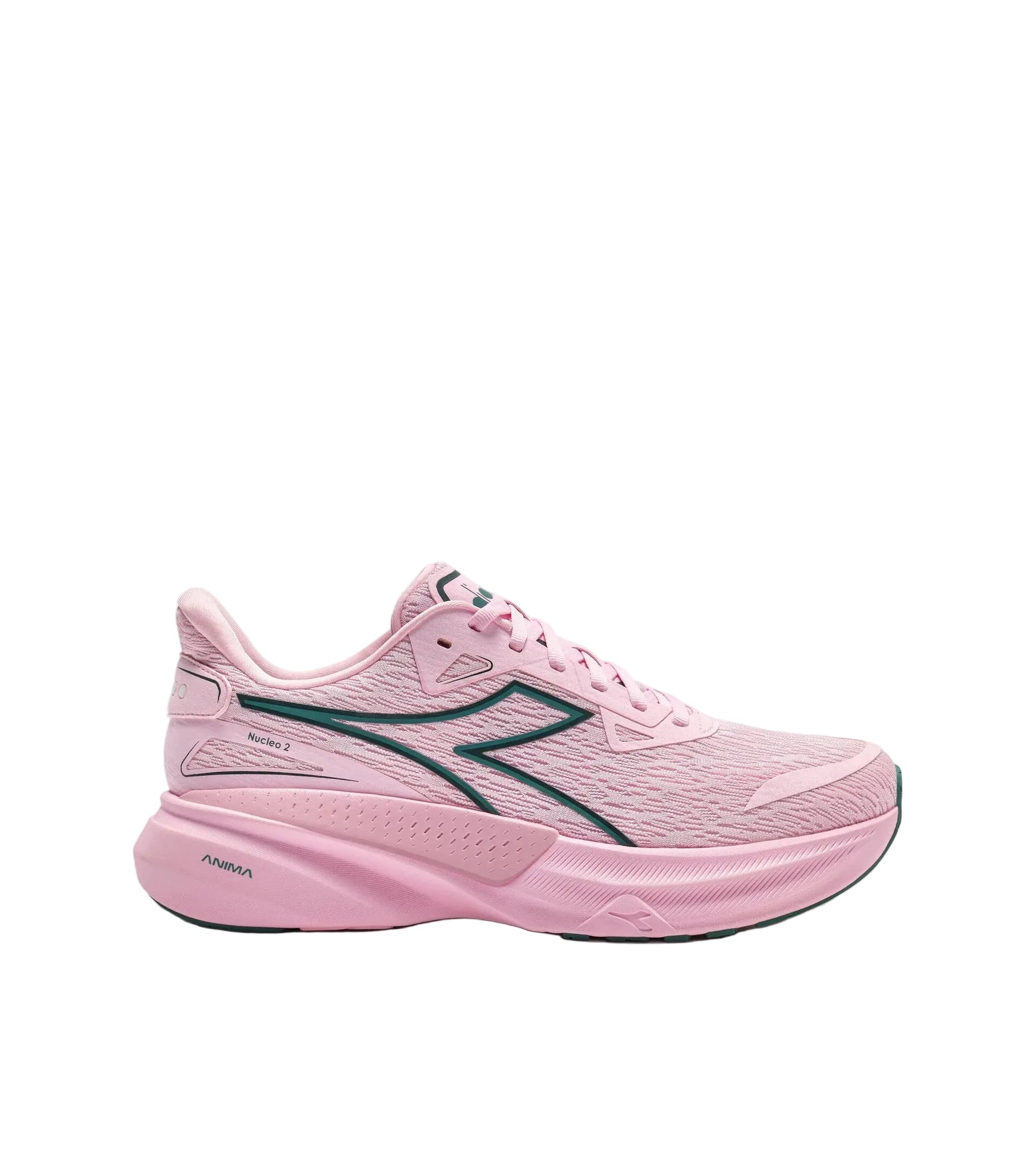 Pink running shoe with green accents on a white background