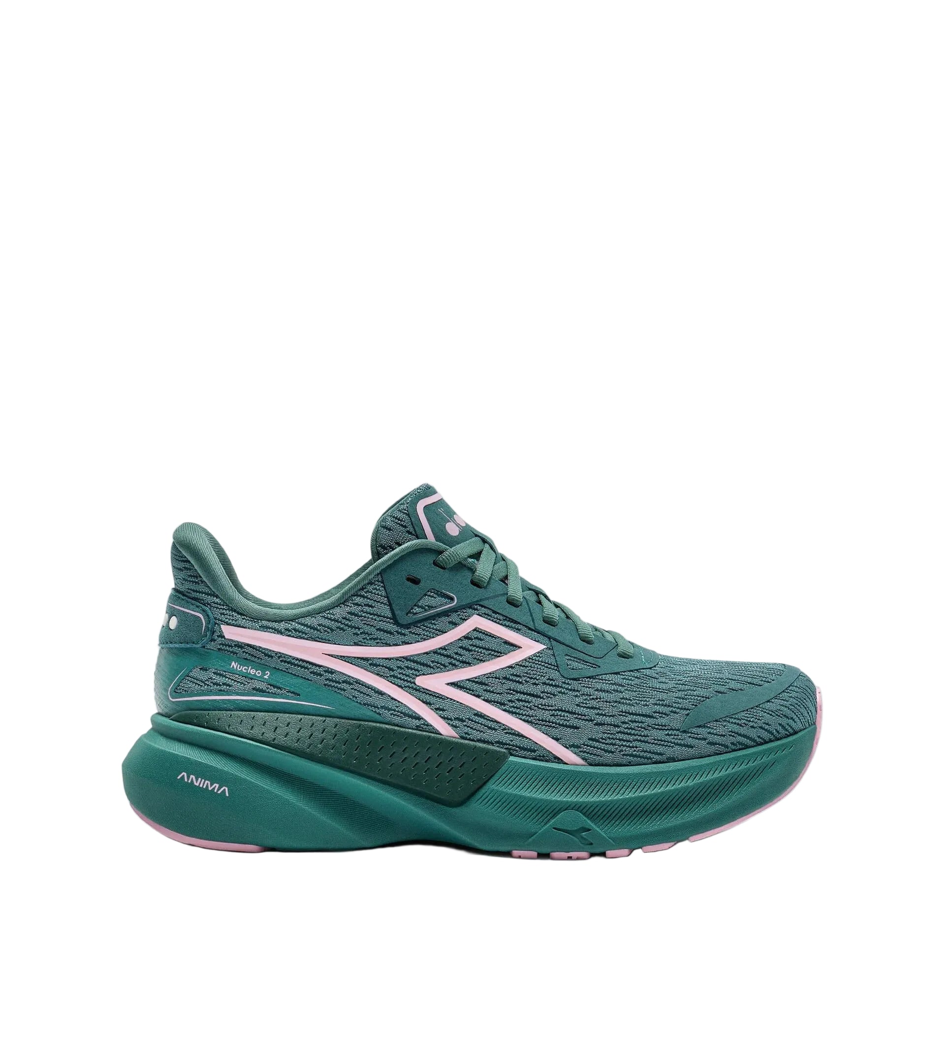 Green running shoe with pink accents on a white background