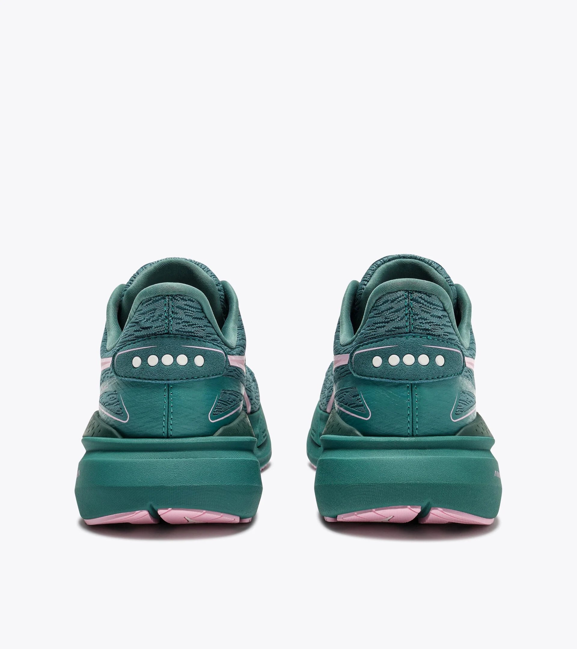 Teal running shoes with white sole on a white background