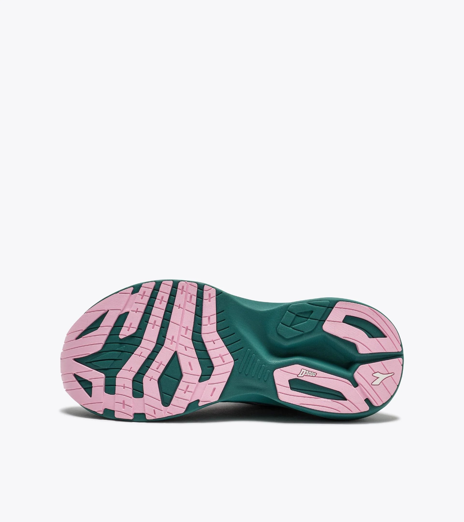 Green and pink athletic shoe sole on a white background