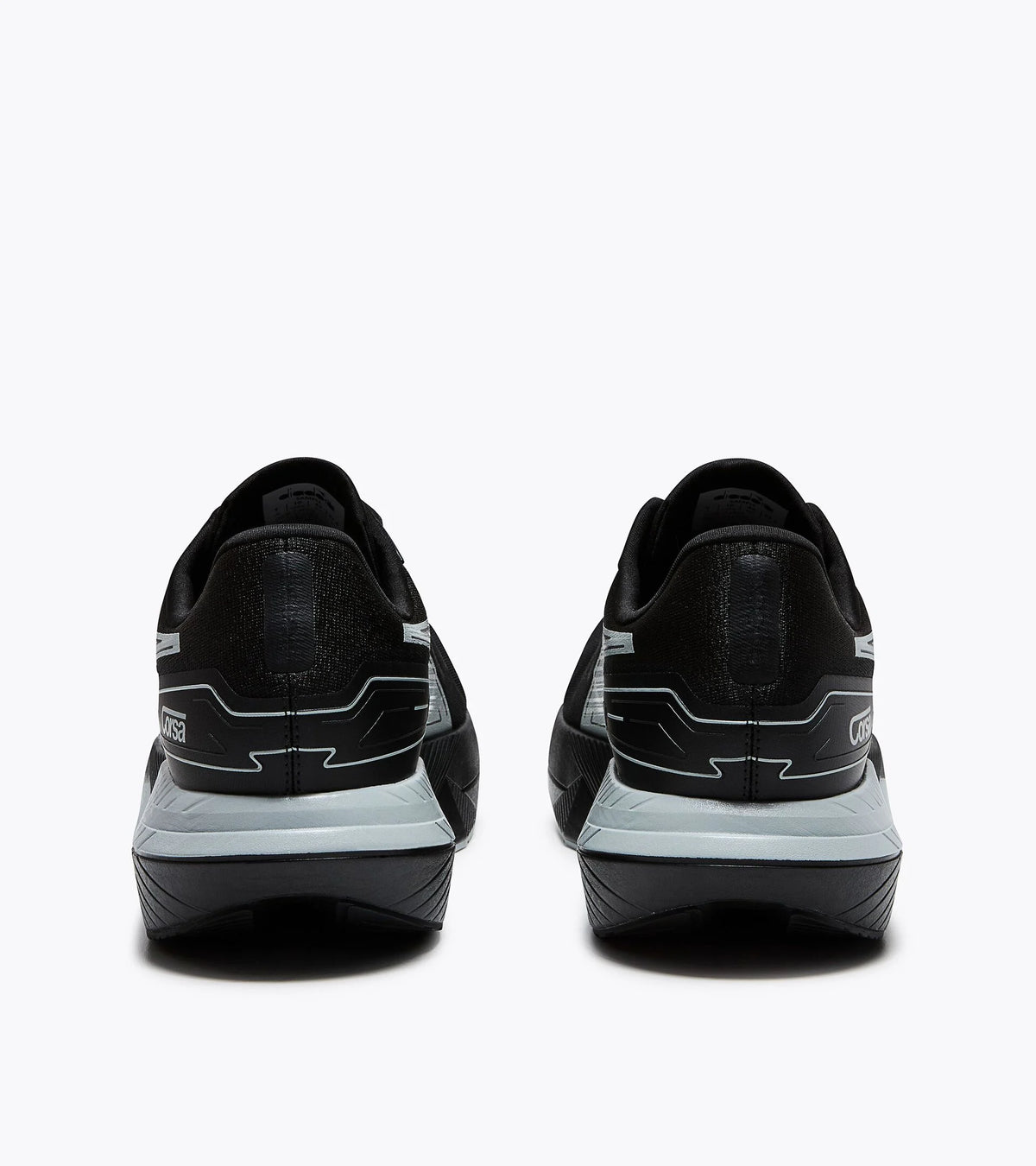 Black running shoes shown from the rear, featuring a textured black upper, white and gray geometric side accents, and a thick white and black midsole, set against a plain white background.