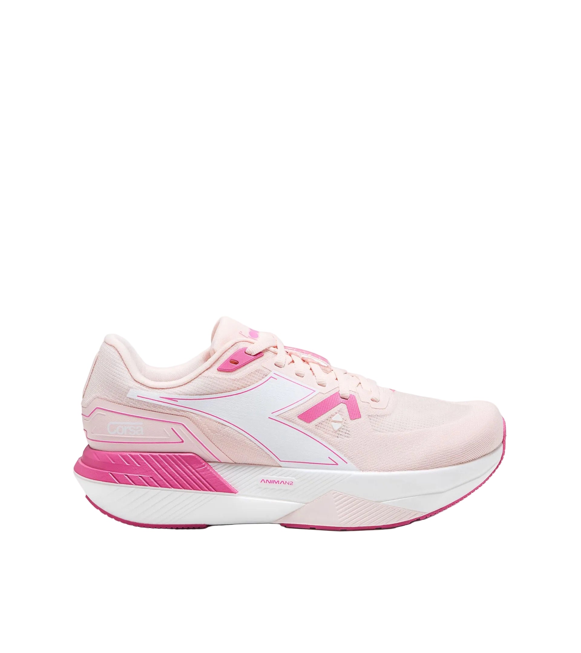 A light pink and white running shoe with vibrant pink accents, shown from a side profile on a clean white background.