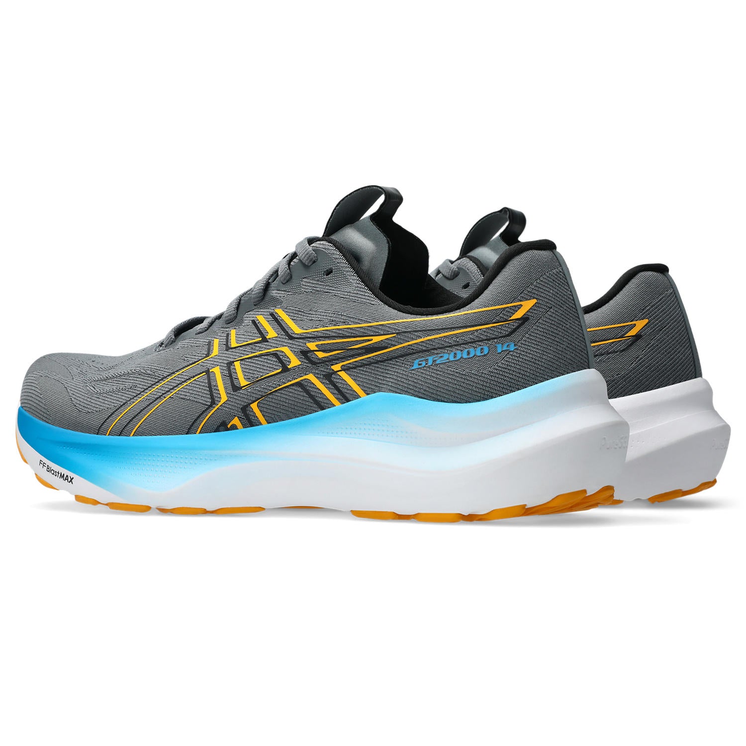 Gray running shoe with blue and orange sole on a white background