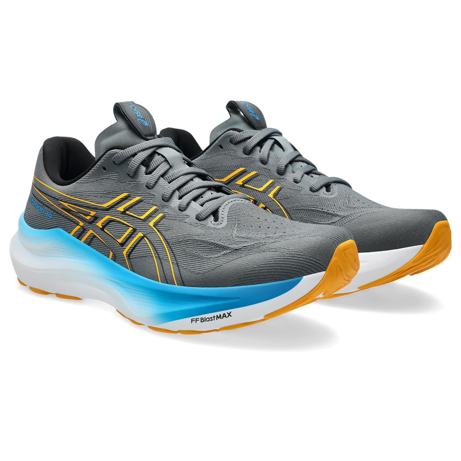 Gray running shoes with blue and orange accents on a white background
