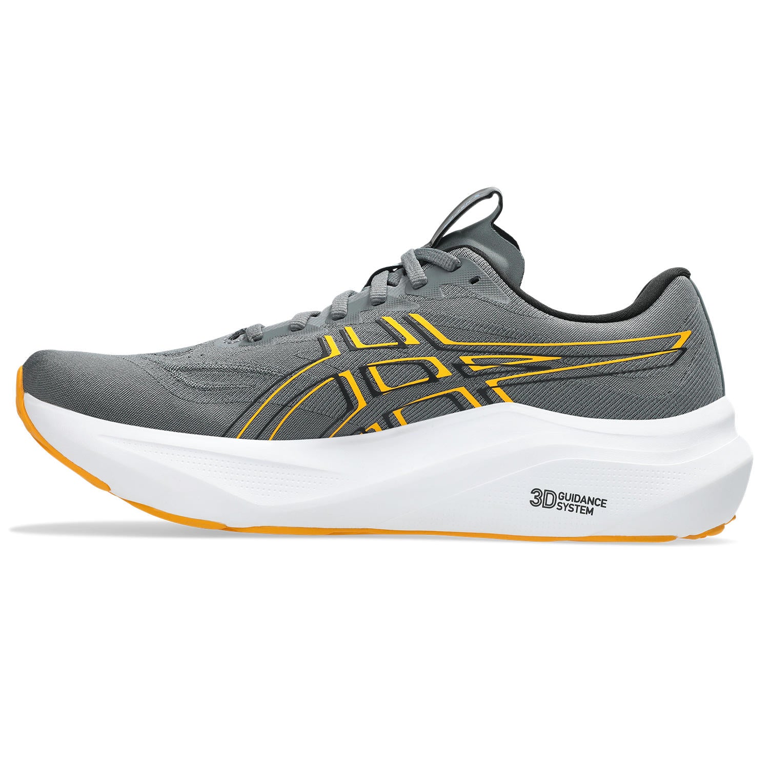 Gray running shoe with yellow accents on a white background